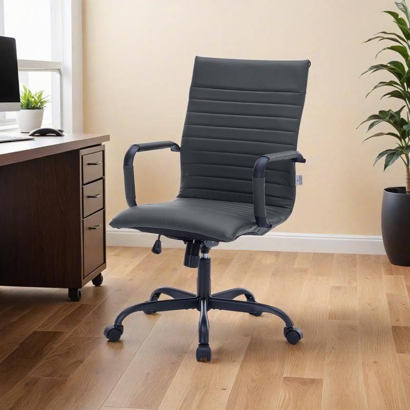 Angle. LeisureMod - Harris Ergonomic High-Back Office Chair Leather Upholstery, Adjustable Swivel, Tilt, and Black Iron Frame - Grey.