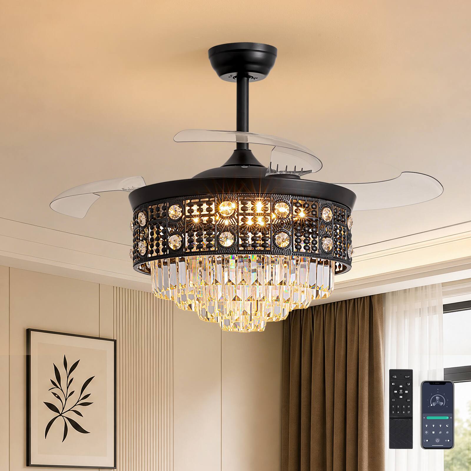 Angle. Siljoy - 42 Inch French Retro Crystal Ceiling Fan With Hidden Blades Adjustable Hanging Rod For Bedroom Living Room - Black.