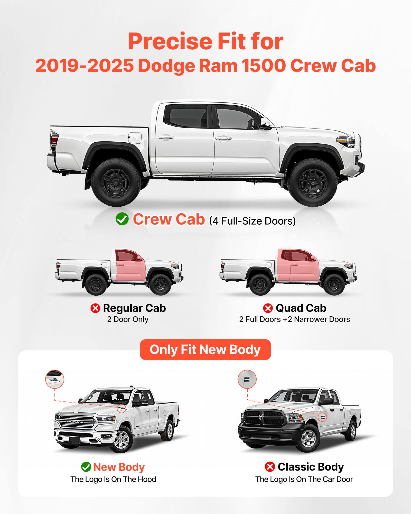 Precise Fit for 2019-2025 Dodge Ram 1500 Crew Cab

- Crew Cab (4 Full-Size Doors)
- Regular Cab 2 Door Only
- Quad Cab 2 Full Doors + 2 Narrower Doors

Only Fit New Body

- New Body: The Logo Is On The Hood
- Classic Body: The Logo Is On The Car Door