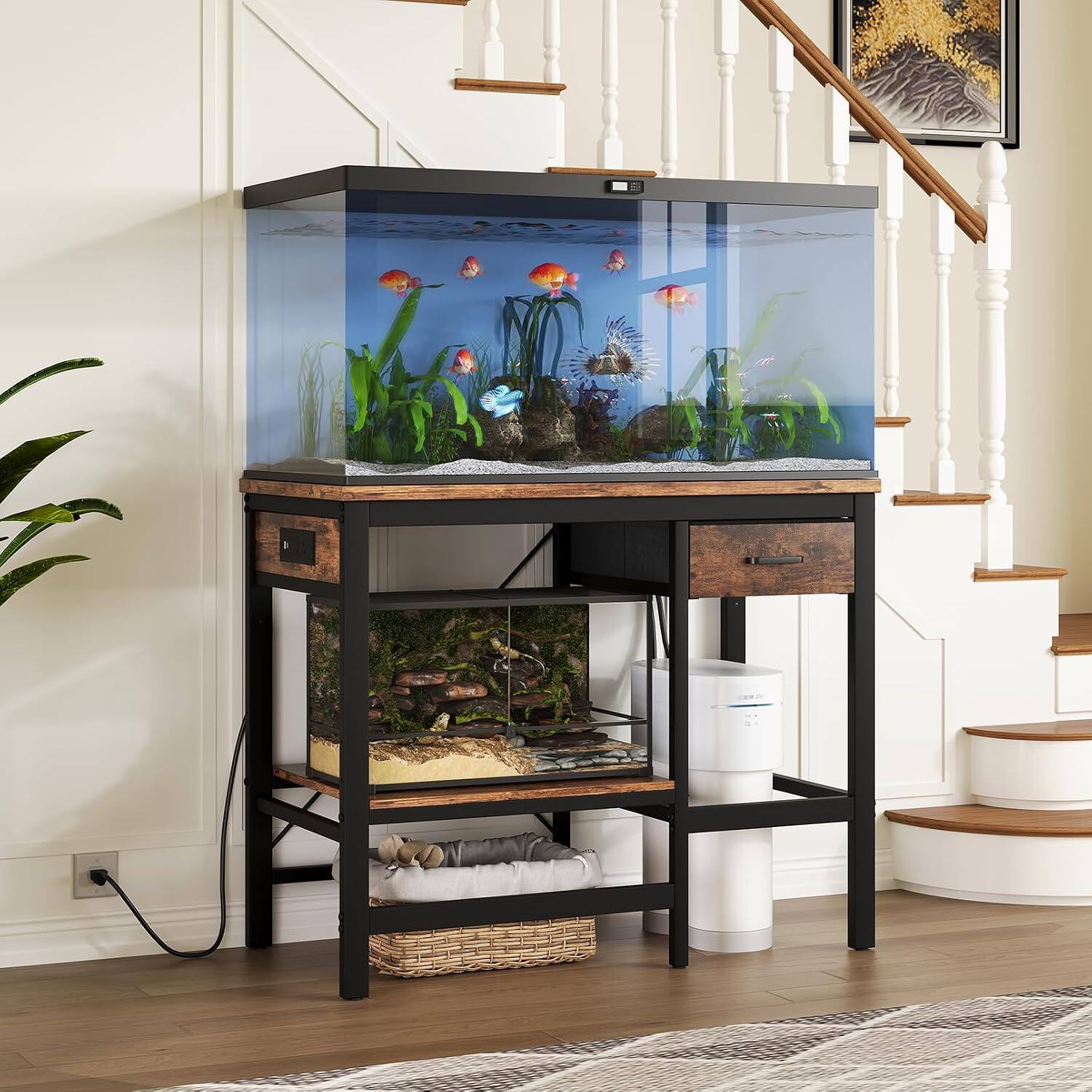 Alt View 1. Vividwood - 40-50 Gallon Aquarium Stand with Power Outlet, 3-Tier Adjustable Shelves, Storage Drawer, 480 LBS Capacity - Brown.