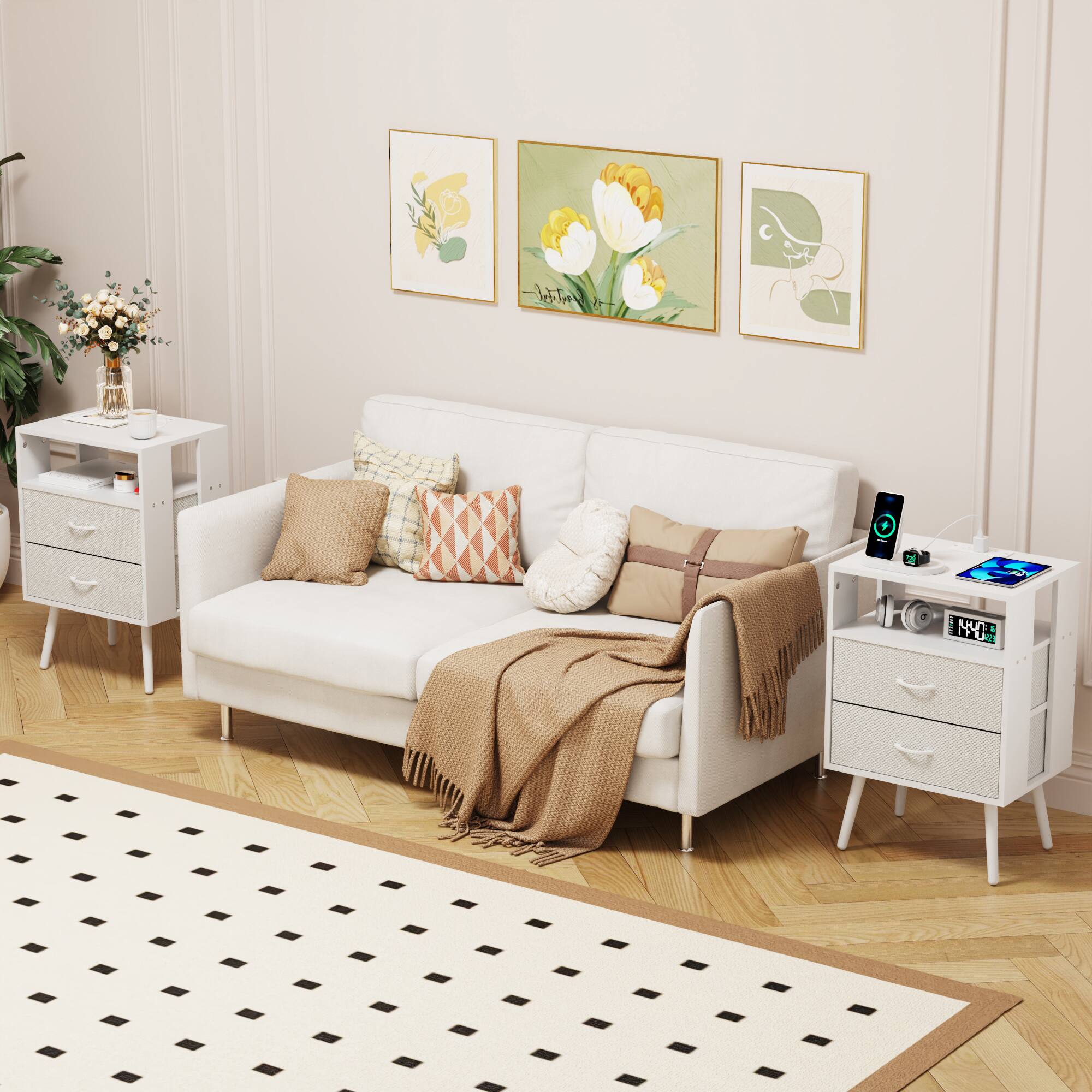 Alt View 7. Spaco - Spaco 2 Pack Modern Nightstand with Charging Station, Bedside Tables with LED Light and 2 Drawers - White.