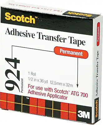 Scotch Adhesive Transfer Tape
Permanent
924
1 Roll
1/2 in x 36 yd (12.5mm x 32m)
For use with Scotch ATG 700 Adhesive Applicator
3M