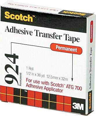 Scotch Adhesive Transfer Tape  
Permanent  

924  
1 Roll  
1/2 in x 36 yd (12.5mm x 32m)  

For use with Scotch ATG 700 Adhesive Applicator  

3M