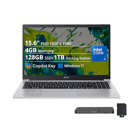15.6" FHD 1920 x 1080
4GB Memory
128GB SSD+1TB Docking Station
Intel Core 3
Copilot Key
Windows 11
acer