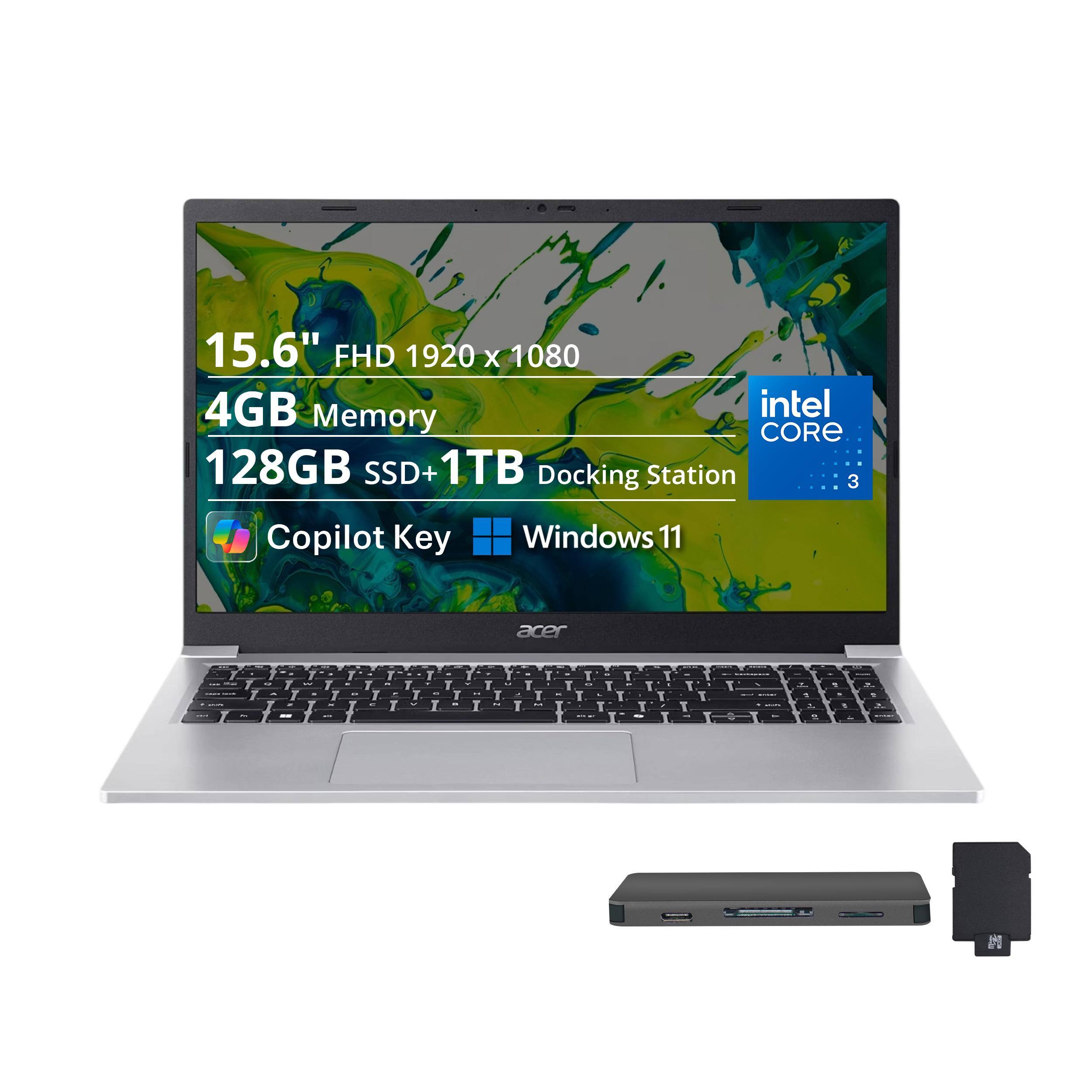 15.6" FHD 1920 x 1080  
4GB Memory  
128GB SSD+1TB Docking Station  
Intel Core 3  
Copilot Key  
Windows 11  
acer