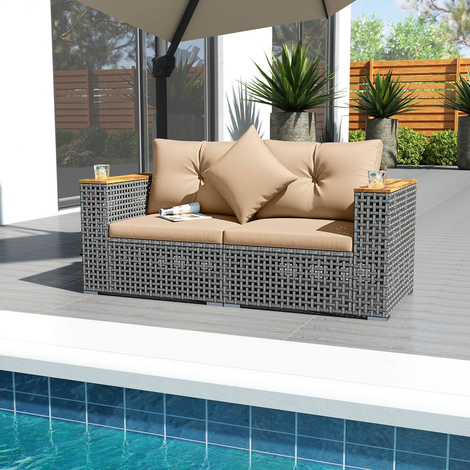 Alt View 4. Costway - Costway 2 PCS Patio Corner Sofa Set with Thick Cushions Wide Acacia Wood Armrests for Garden - Gray + Brown.