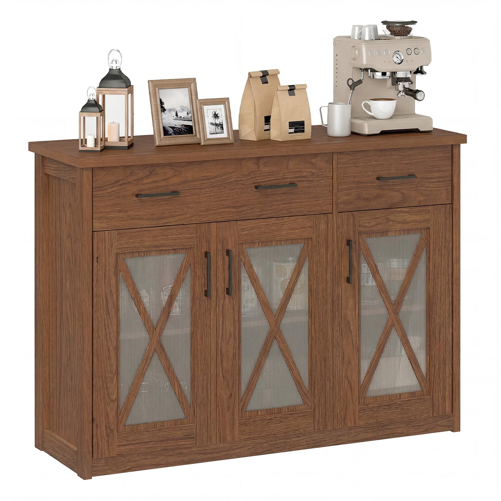 Costway - Farmhouse Buffet Sideboard with 2 Drawers Fluted Barn Doors for Kitchen Dining Room - Brown