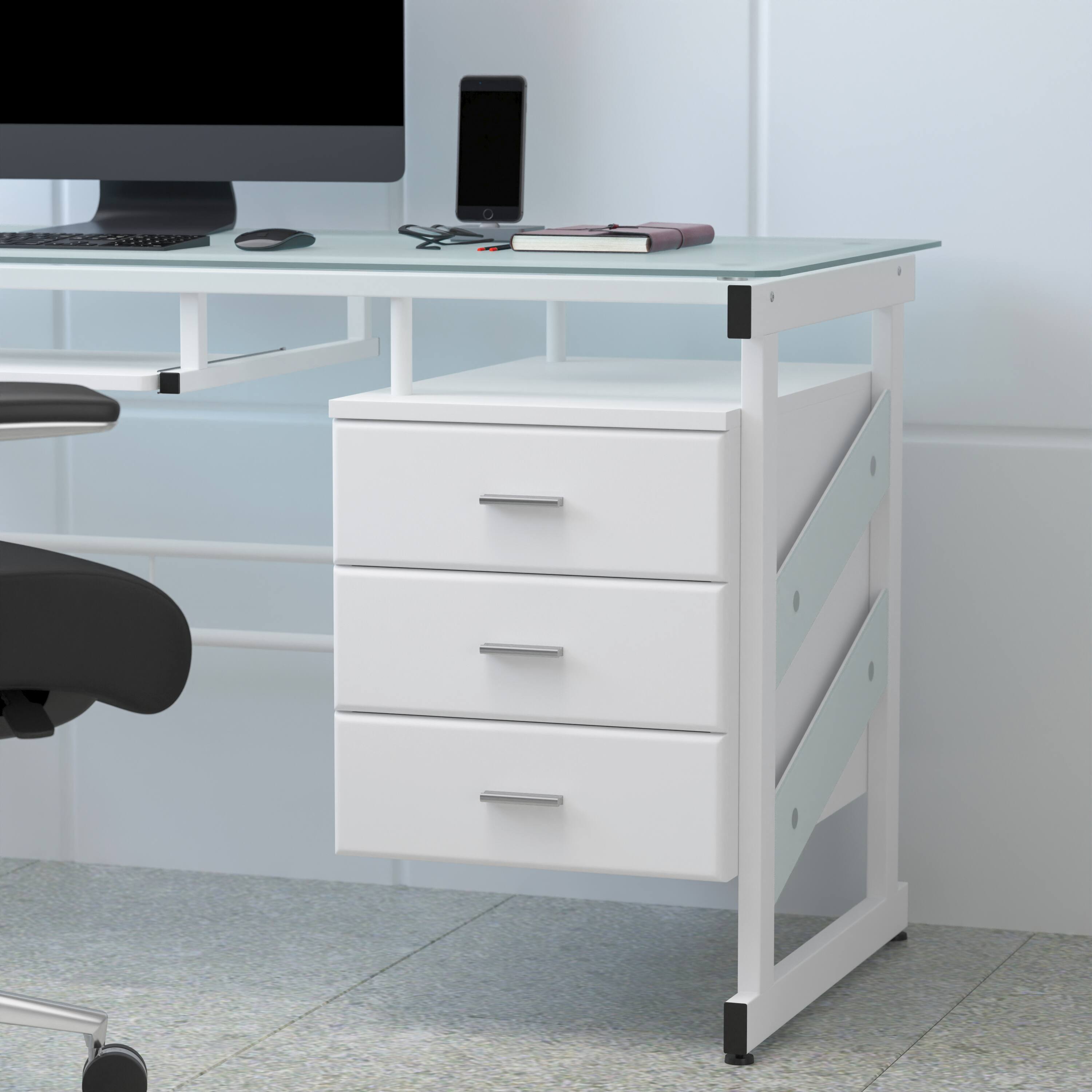 Alt View 4. Emma + Oliver - White Computer Desk with Frosted Glass Top and Three Drawer Pedestal - Frosted Top/White Frame.