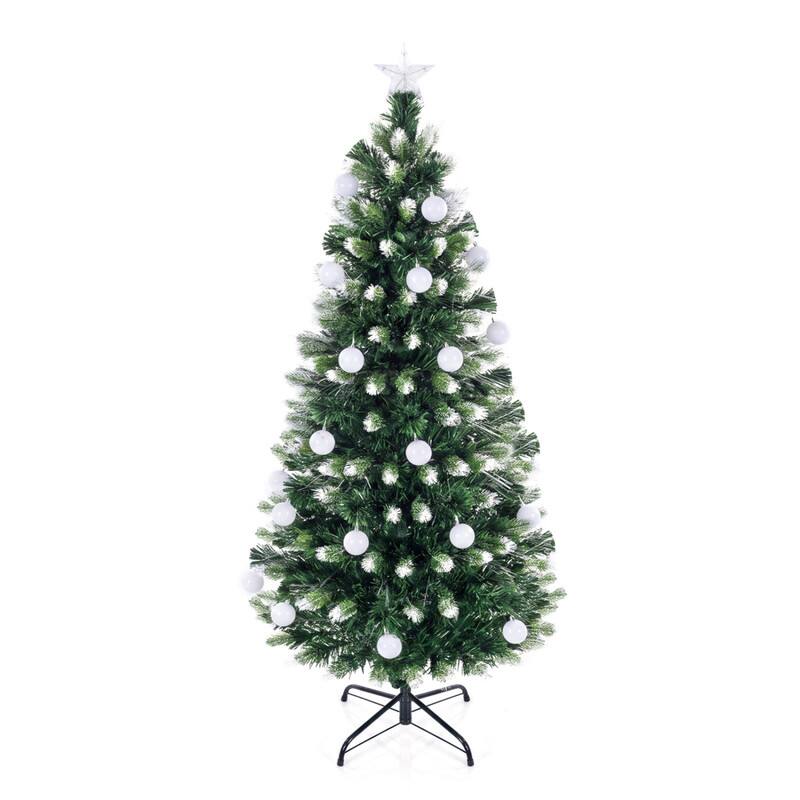 Front. WELLFOR - 5ft Pre‑lit Artificial Christmas Tree with 180 Branch Tips &28 LED Fiber Optic, Compact Holiday Indoor Decoration - Green.