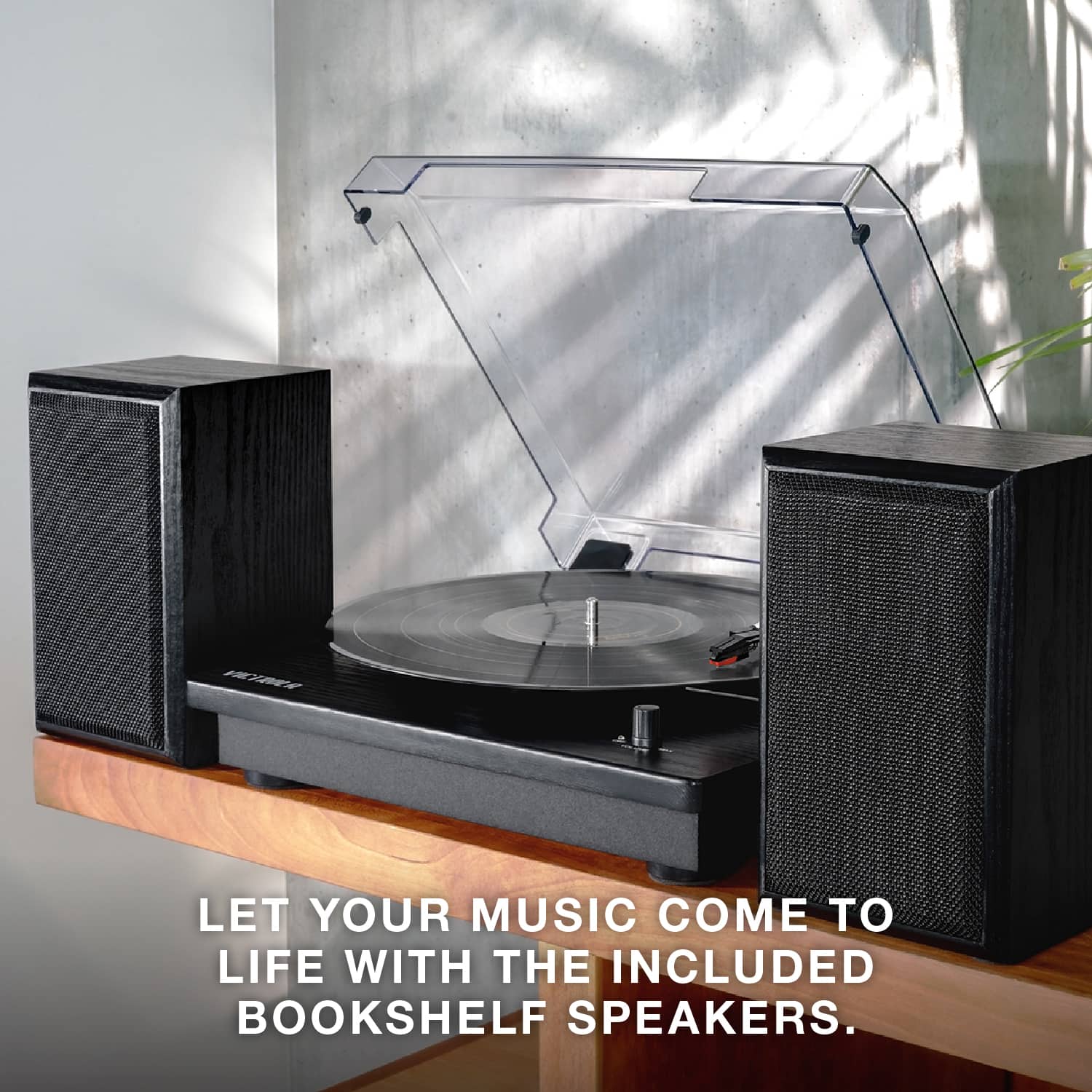 LET YOUR MUSIC COME TO LIFE WITH THE INCLUDED BOOKSHELF SPEAKERS.