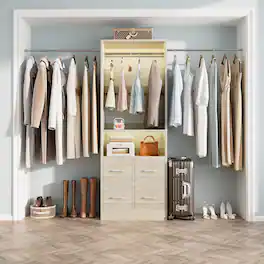 Aheaplus - 25'' - 104'' Adjustable Closet Organizer System, Walk-in Hanging Closet with 4 Fabric Drawers and 3 Hanging Rods - Beige Oak