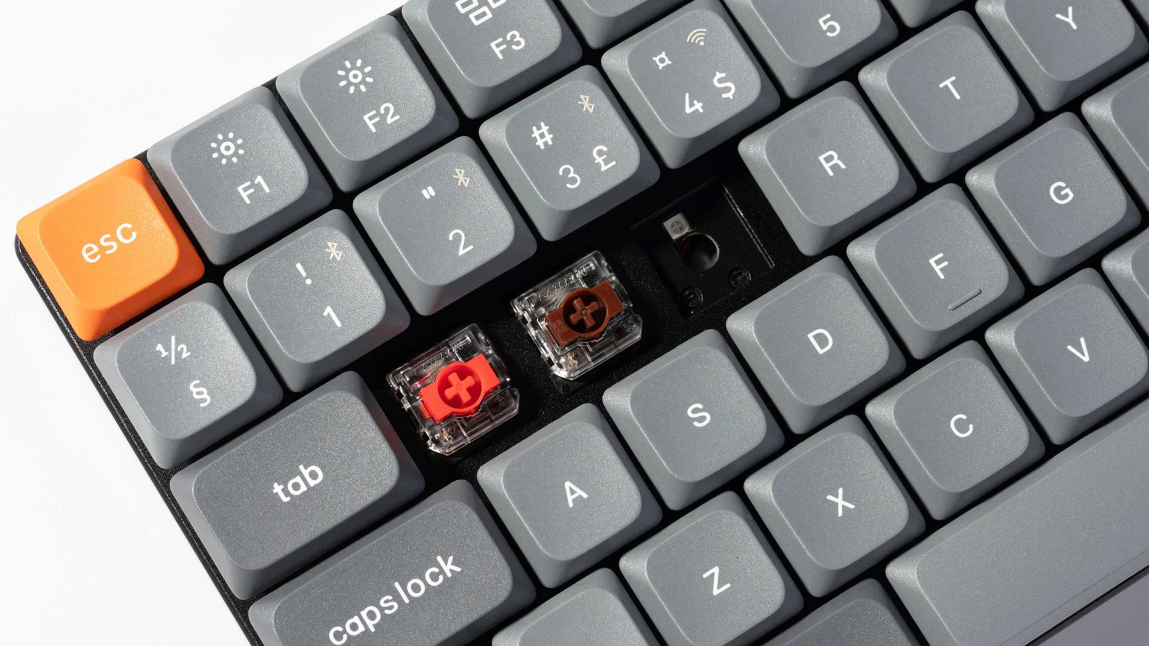 The image shows a close-up of a keyboard with a red key in the middle. The keys on the keyboard include the following:

1. Esc
2. 1/2
3. B
4. F3
5. F2
6. #
7. F1
8. *
9. 3
10. !
11. 1
12. 5
13. +
14. -
15. a
16. tab
17. capslock
18. lock
19. caps
20. a
21. 4
22. $
23. eh
24. S
25. Z
26. X
27. T
28. F
29. C
30. G
31. V
32. A