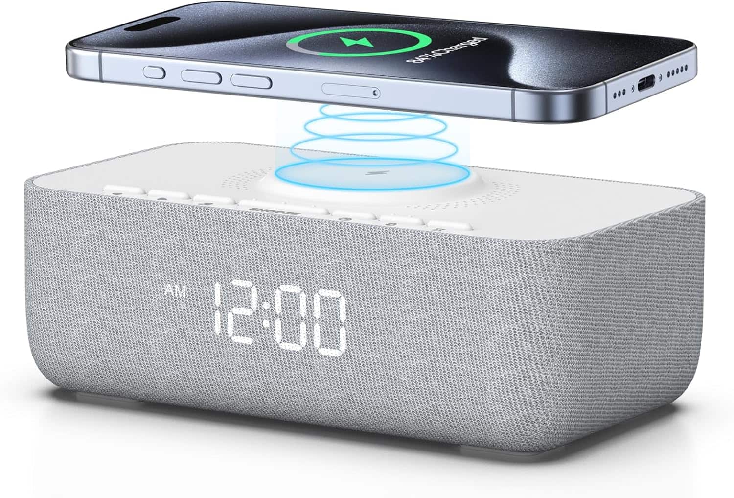 Stamp n Camp - REACHER 15W Fast Wireless Charging Alarm Clock with Noise Machine │ 20 High-Fidelity Sleep Sounds Gradual Wake - White