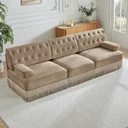 Anysun - 3-Seat Velvet Sofa - Pet-Friendly, Tassel Skirt, Button Tufted, Wood Base, Free Combination for Living Room & Bedroom - Camel