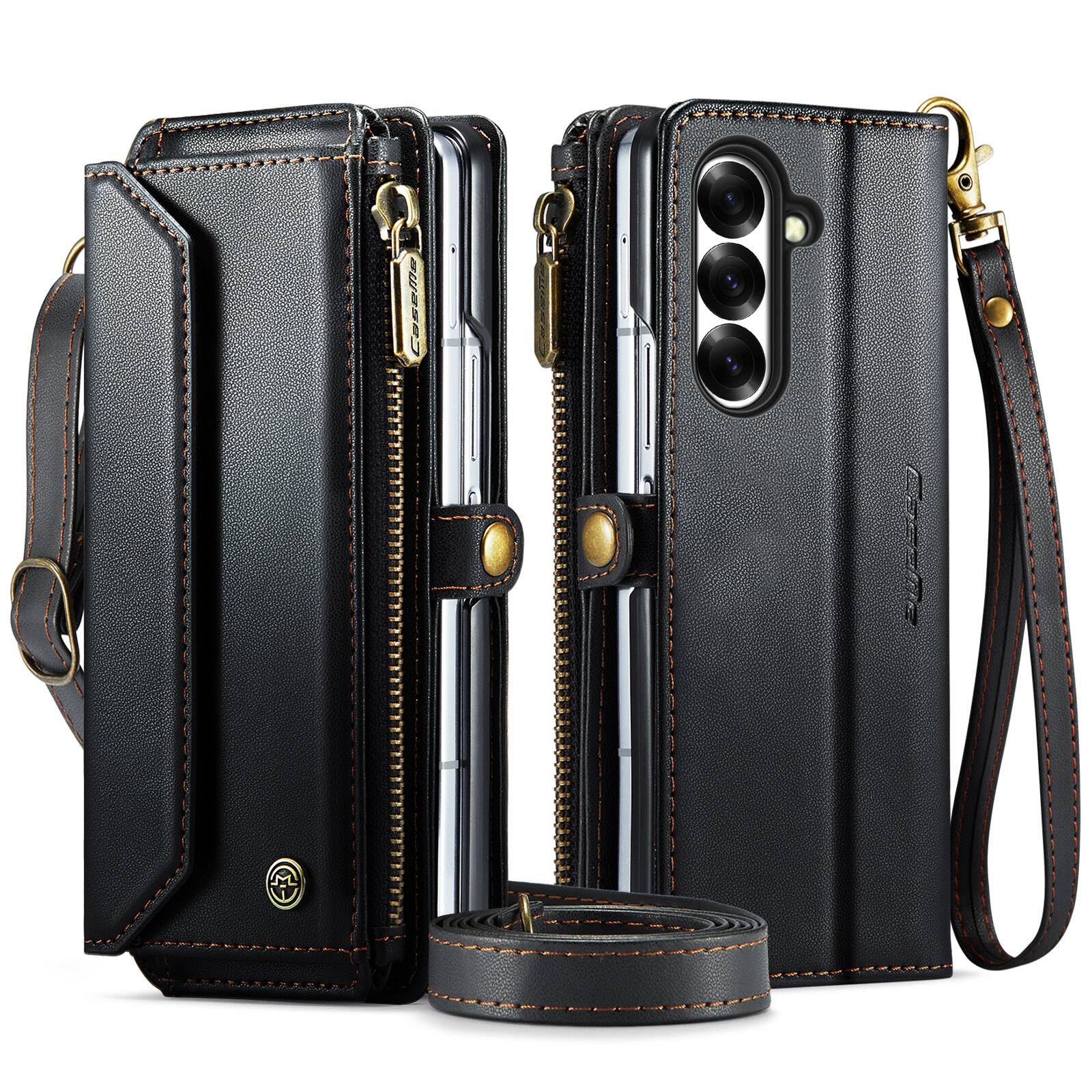 Angle. Dteck - Wallet Case for Samsung Galaxy Z Fold8 Ultra, PU Leather RFID Blocking Card Holder Kickstand Cover with Crossbody Strap - Black.