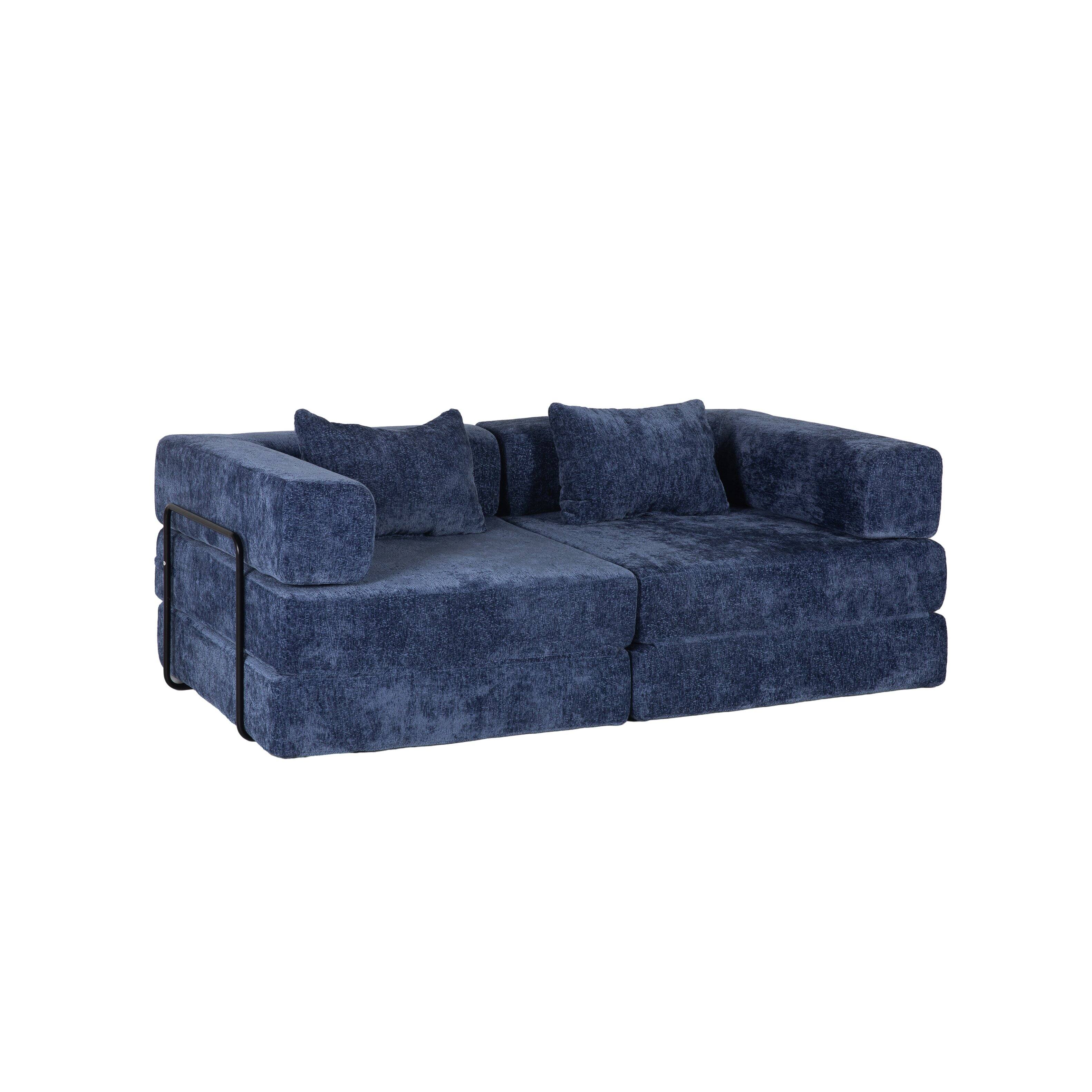 Back. Whisen - Chenille Convertible Floor Sofa Bed, Modular 2-Seater Loveseat, Memory Foam Sleeper for Living Room - Dark Blue.