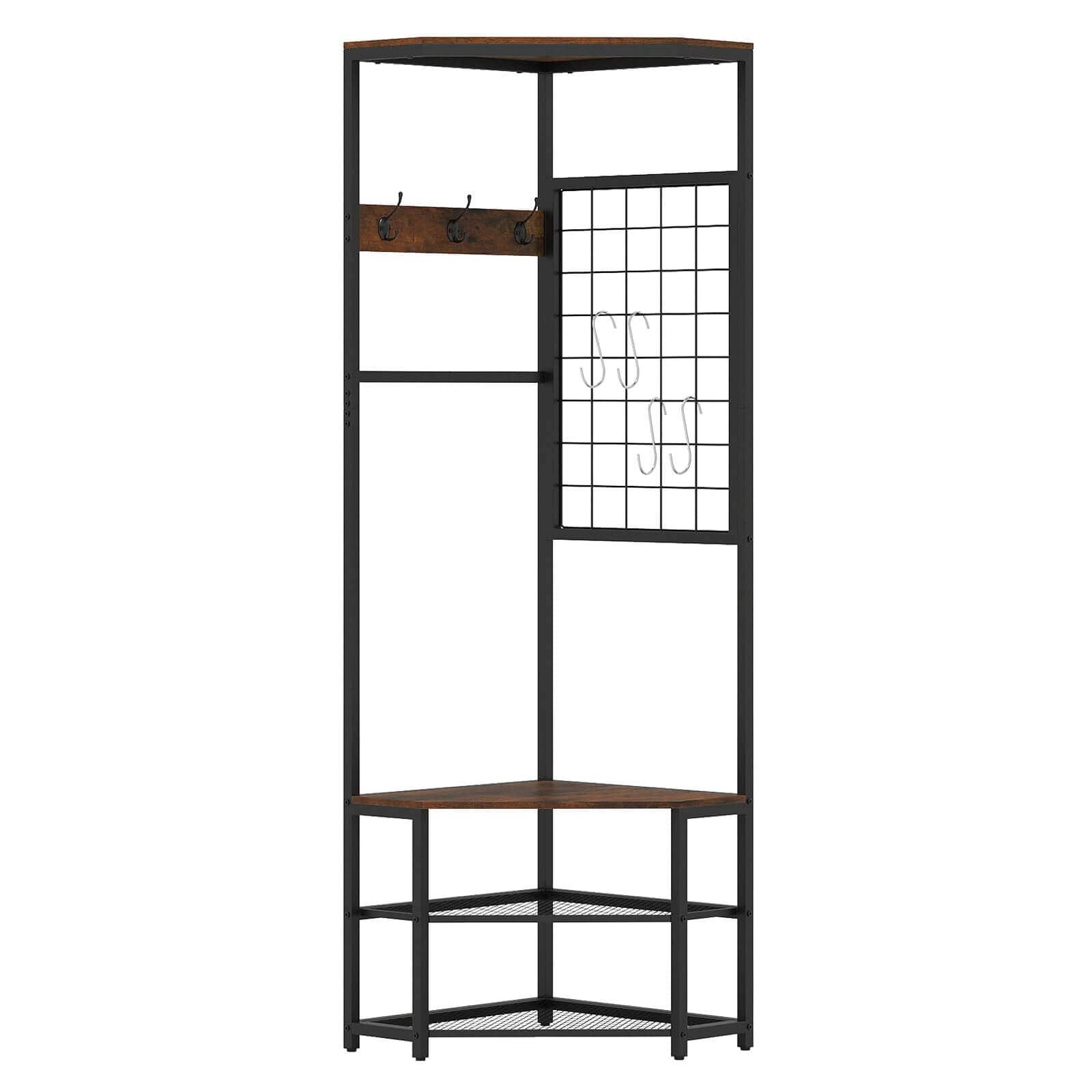 Costway - Corner Hall Tree, Freestanding Coat Rack with Storage Shelves & Removable Hooks - Rustic Brown + Black