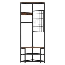 Costway - Corner Hall Tree, Freestanding Coat Rack with Storage Shelves & Removable Hooks - Rustic Brown + Black