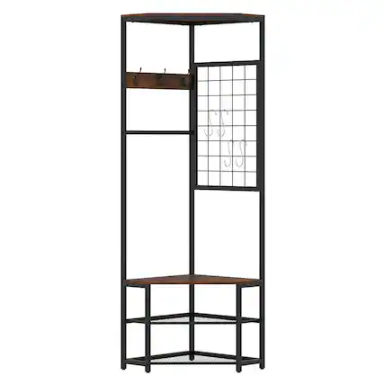 Front. Costway - Costway Corner Hall Tree, Freestanding Coat Rack with Storage Shelves & Removable Hooks - Rustic Brown + Black.