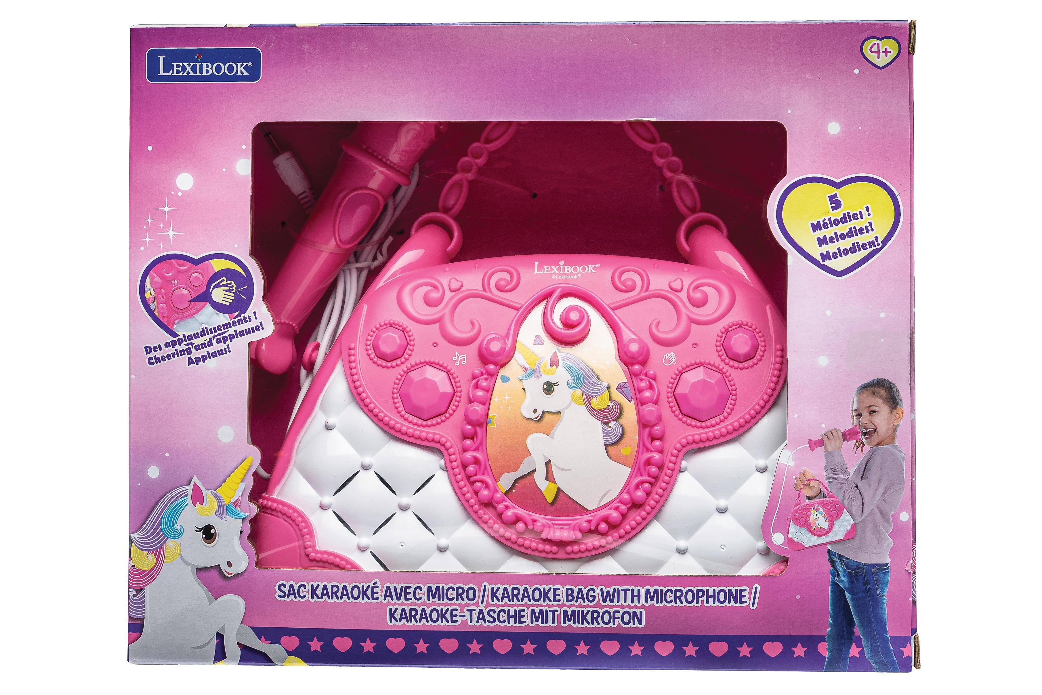 LEXIBOOK  
4+  
LEXIBOOK CLEUSERUCK  
5 Melodies! Melodies! Melodien!  
2 Des applaudissements and applause! Cheering Applaus!  
SAC KARAOKE AVEC MICRO / KARAOKE BAG WITH MICROPHONE / KARAOKE-TASCHE MIT MIKROFON