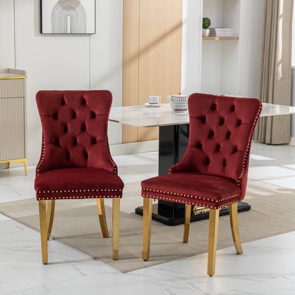Alt View 10. Loheer - Loheer Velvet Dining Chairs Tufted Burgundy Upholstered Set of 2 with Gold Legs - Burgundy.