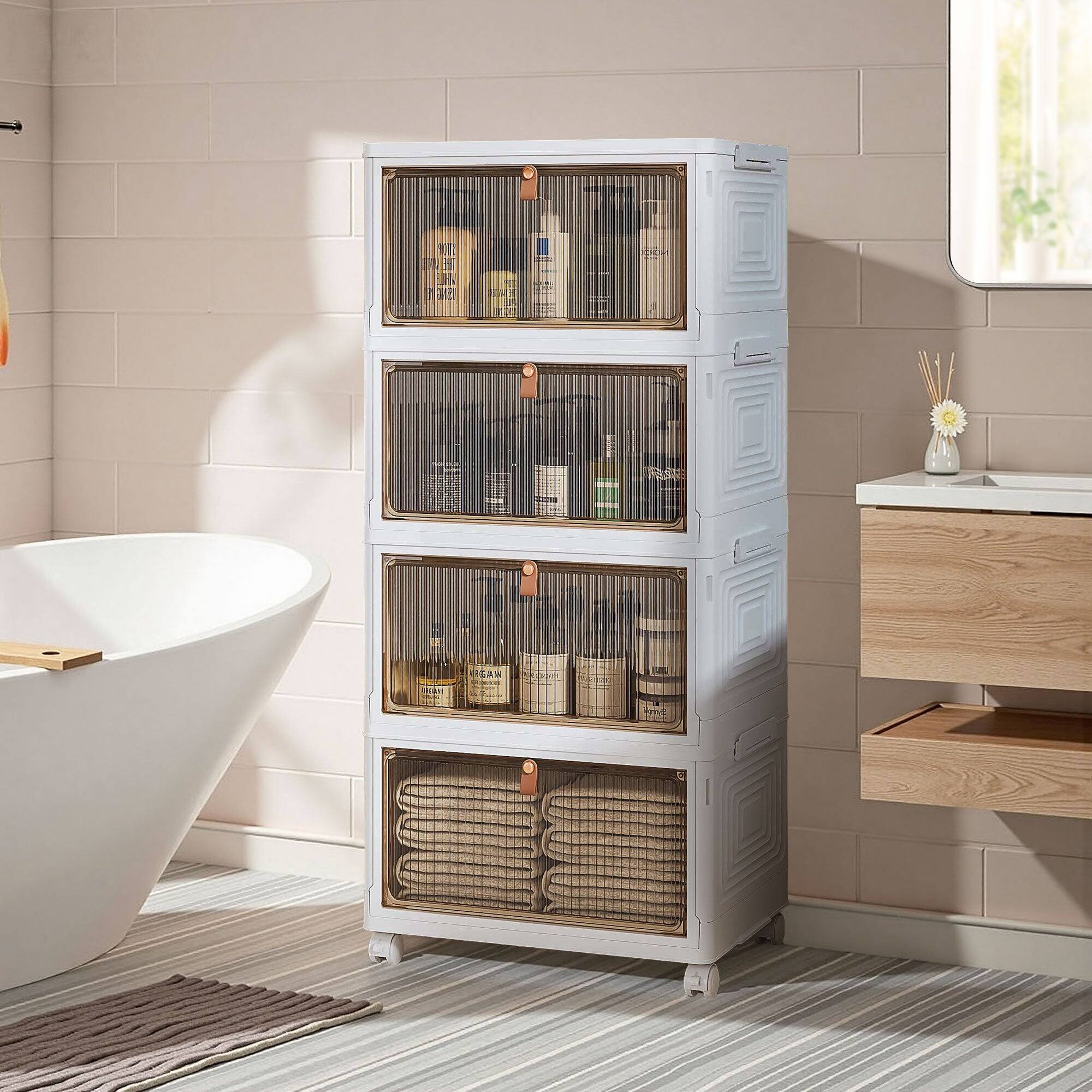 The text on the image is not clearly visible, but it appears to be on the bottles in the storage unit. The text seems to be in a foreign language, possibly Japanese. Here is a rough transcription of the text on the bottles:

- お風呂
- お風呂
- お風呂
- お風呂

This translates to "bath" in English. The text is likely indicating the use of the products for bathing.