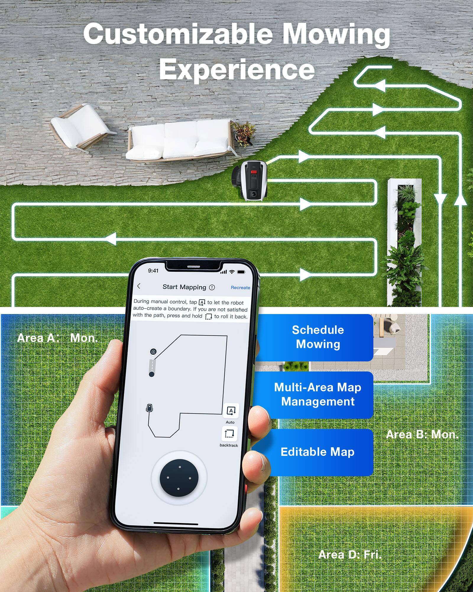 Customizable Mowing Experience

9:41 Start Mapping
Recreate Area A: Mon.
During manual control, tap 4 to let the robot auto-create a boundary. If you are not satisfied with the path, press and hold to roll it back.

Schedule Mowing
Multi-Area Map Management
Editable Map

Area B: Mon.
Area D: Fri.