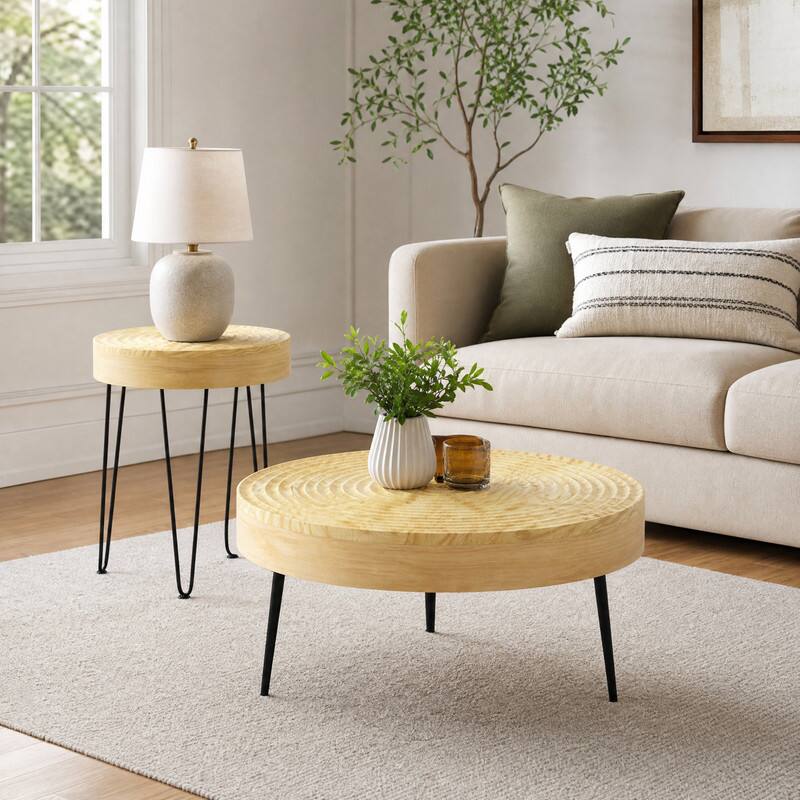 Angle. WELLFOR - Set of 2 Solid Wood Round Coffee Table with Metal Legs, Farmhouse Nesting Coffee Table Center Table for Living Rooms - Natural.