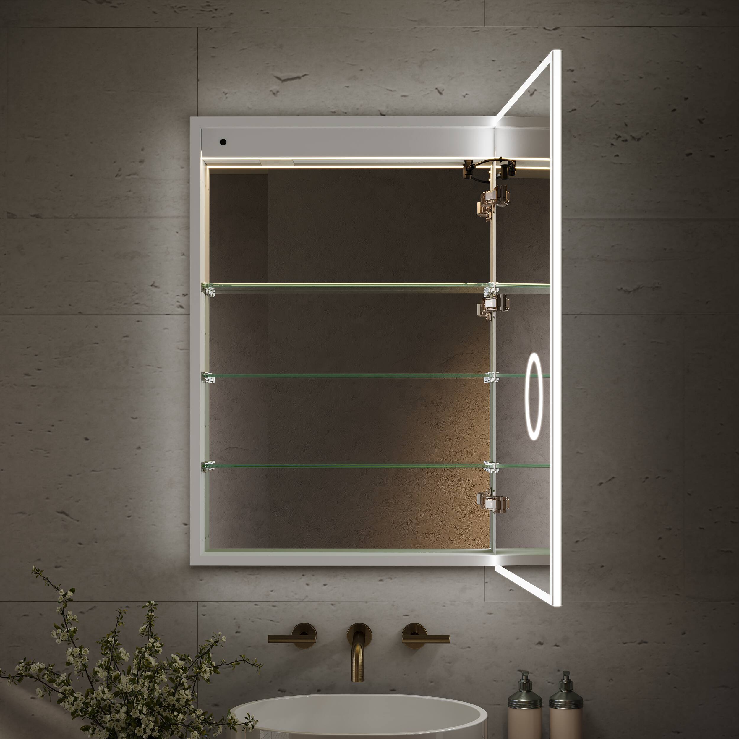Back. WELLFOR - 24 in. W x 36 in. H Rectangular Recessed/Surface Mount LED Medicine Cabinet with Mirror, 3x Magnifier, USB, Type C - Silver.