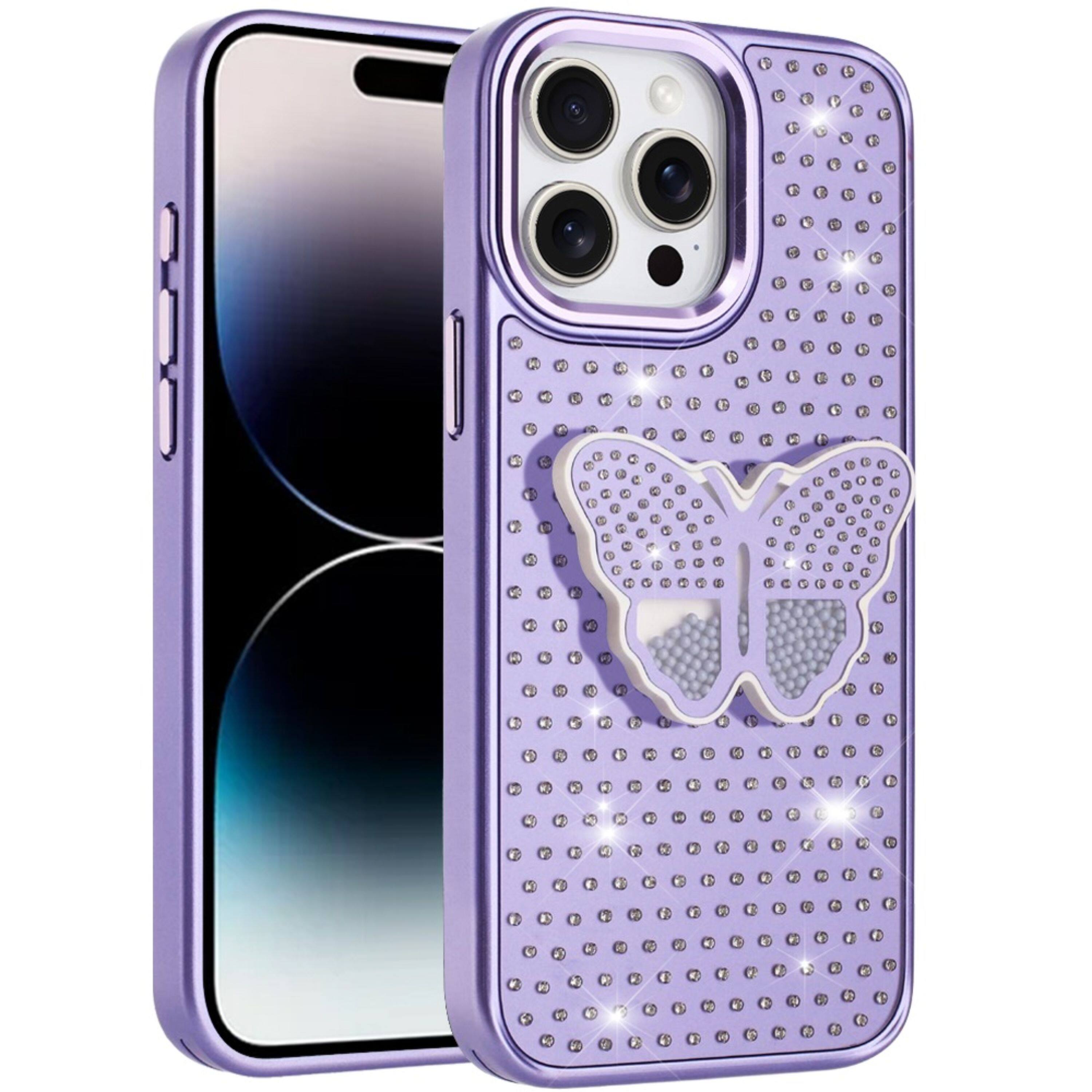 Angle. Kitcheniva - Butterfly Crystal Grip Stand Case For iPhone 14 Pro Max Purple - Purple.