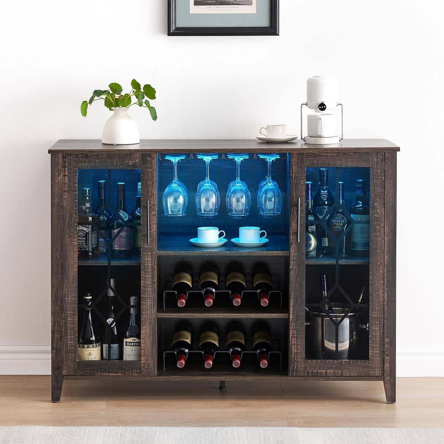 Babevy - LED Glow Home Bar & Coffee Station - Removable Wine Racks, Glass Holders,Freestanding Storage Buffet - Fire-burned