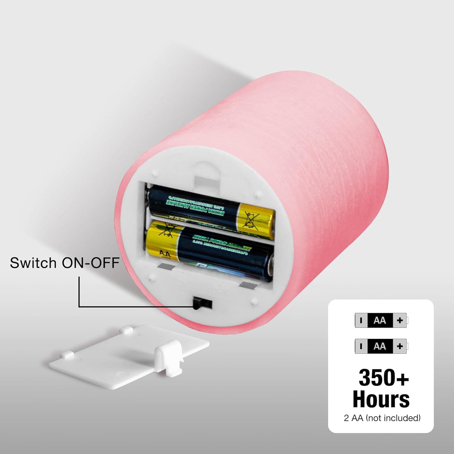 Switch ON-OFF  
2 AA (not included)  
350+ Hours