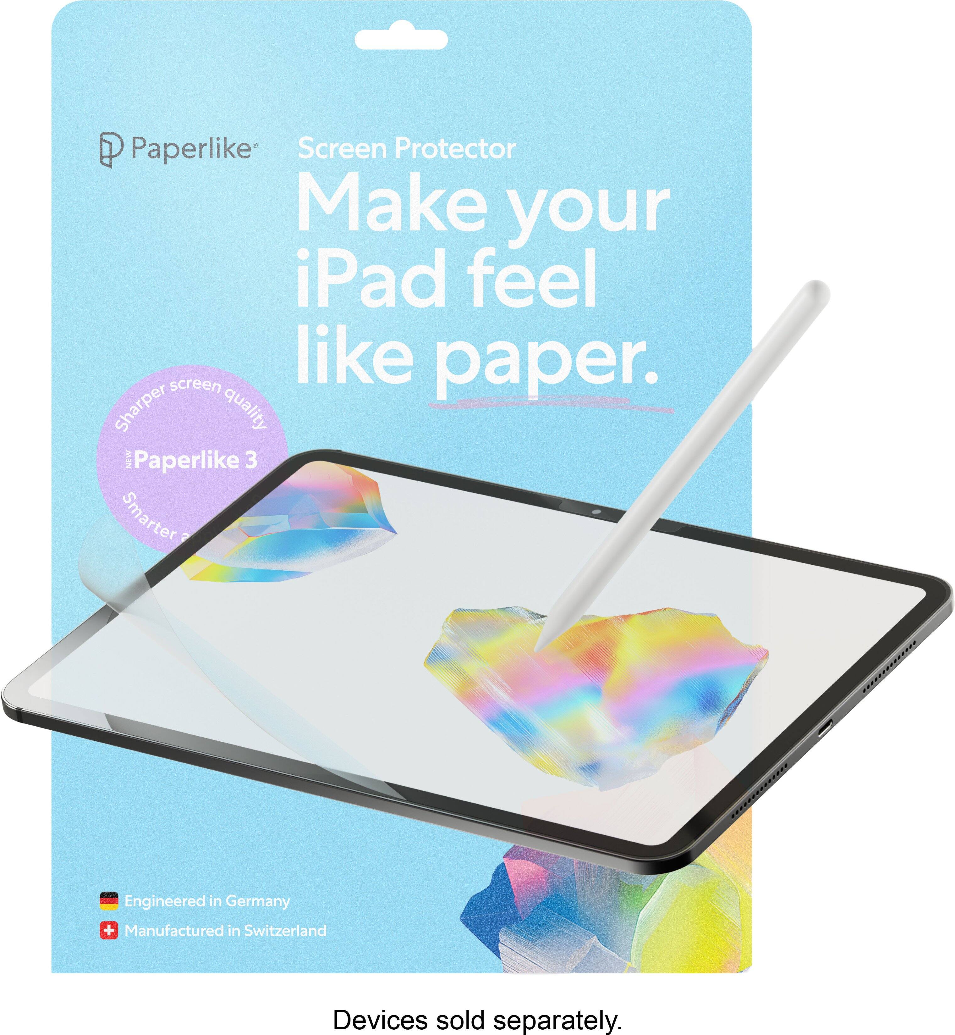 Paperlike Screen Protector  
Make your iPad feel like paper.  

Sharper screen quality  
Paperlike 3  
Smarter  

Engineered in Germany  
Manufactured in Switzerland  

Devices sold separately.