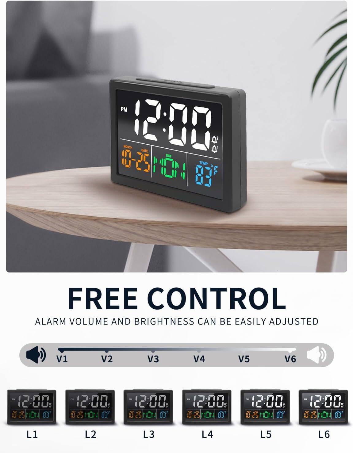 PM MONTH 12:00 DATE DR beY 0-25 MON TEMP 83 FREE CONTROL ALARM VOLUME AND BRIGHTNESS CAN BE EASILY ADJUSTED V1 V2 V3 V4 V5 V6 12:00 .C DC 03 12:00 03 12:00 DC CO 03 12:00 CO 03 12:00 0 IU A CO 12:00 Co IU  03 L1 L2 L3 L4 L5 L6