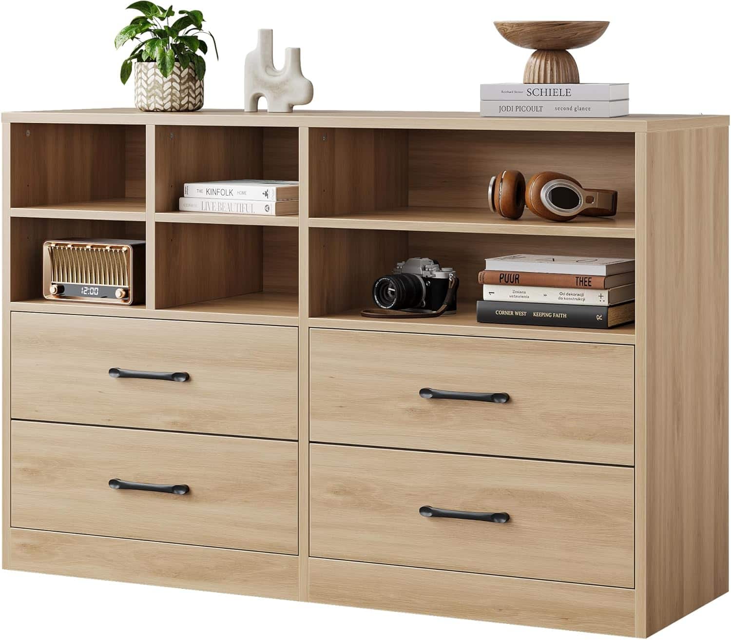 Homhougo - 2pcs Bedroom Dresser with 4 Drawers & 6 Open Shelves, Modern Wood Storage Cabinet for Living Room - Oak