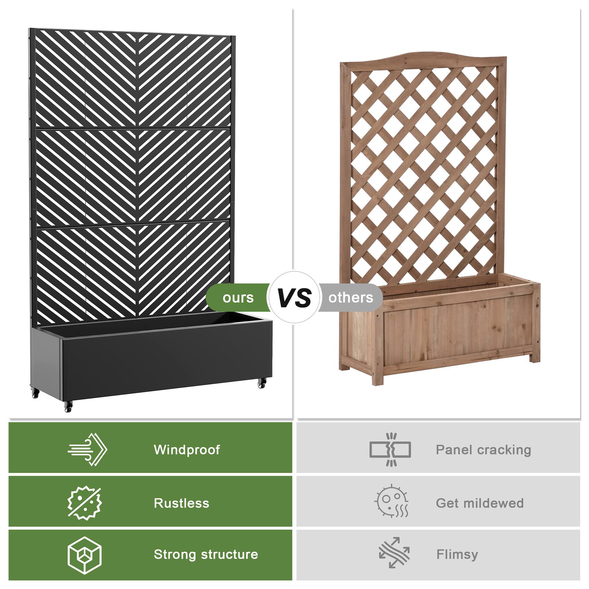 - **Ours:**
  - Windproof
  - Rustless
  - Strong structure

- **Others:**
  - Panel cracking
  - Get mildewed
  - Flimsy