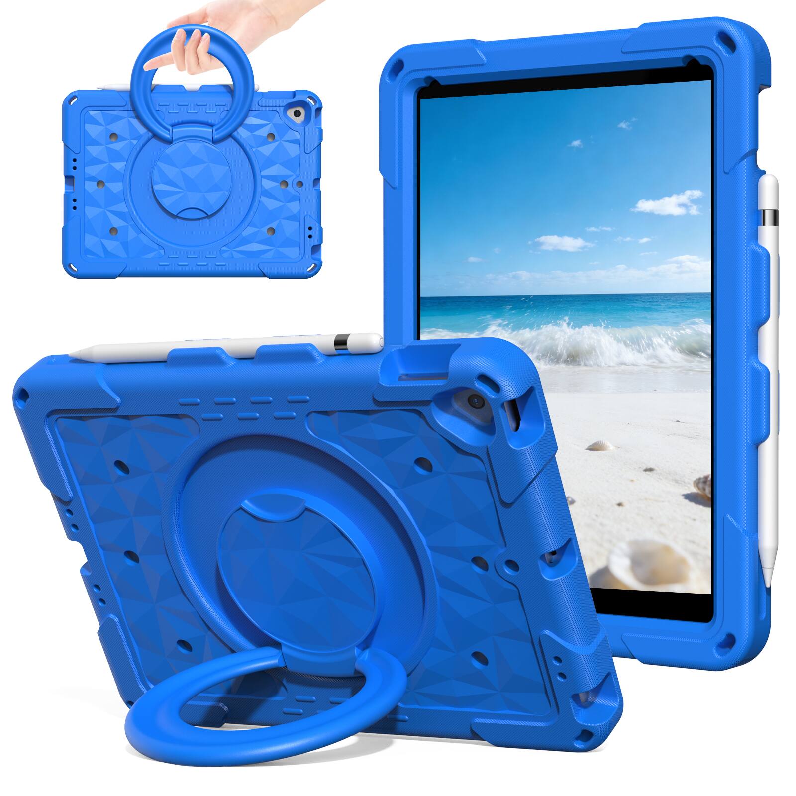 Angle. UUCOVER - Kids Case for iPad 9th/8th/7th Generation 10.2 inch Shockproof EVA Handle Stand Cover with Shoulder Strap - Blue.