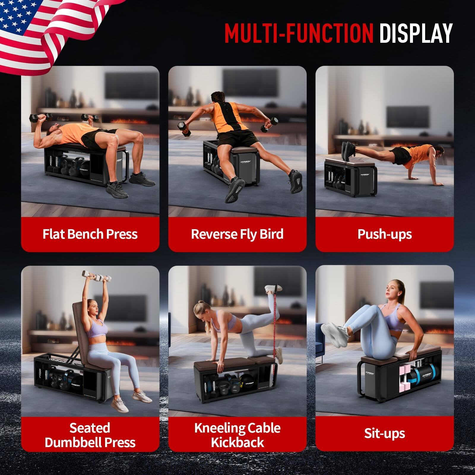 MULTI-FUNCTION DISPLAY

- Flat Bench Press
- Reverse Fly Bird
- Push-ups
- Seated Dumbbell Press
- Kneeling Cable Kickback
- Sit-ups
