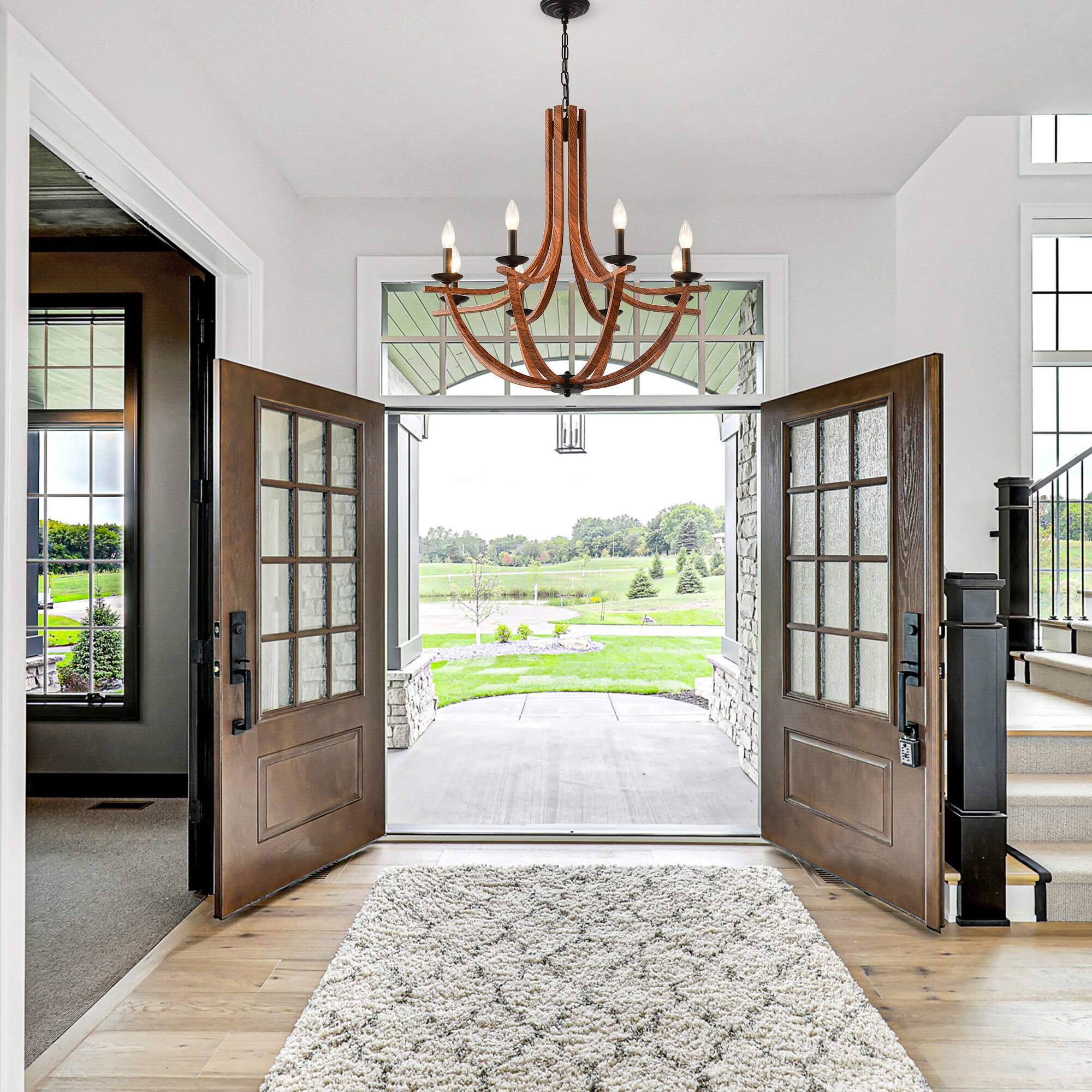 Alt View 4. RYHNUYNE - 30"Farmhouse Chandelier,8-Light Dining Room Light Fixture,Rustic Chandelier Wooden Light Fixtures for Living Room Foyer - Brown.