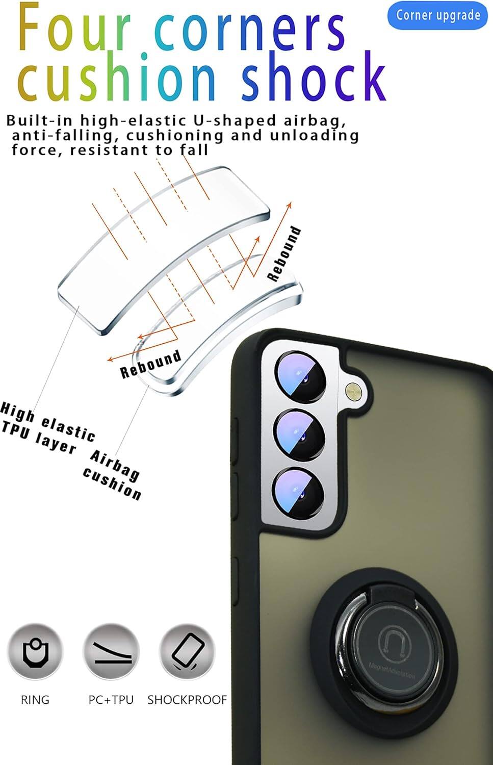 Corner upgrade, Four corners cushion shock, Built-in high-elastic U-shaped airbag, anti-falling, cushioning and unloading force, resistant to fall, Rebound, Rebound, High TPU elastic layer cushion, Airbag, RING, PC+TPU, SHOCKPROOF, MagnetAdsorption
