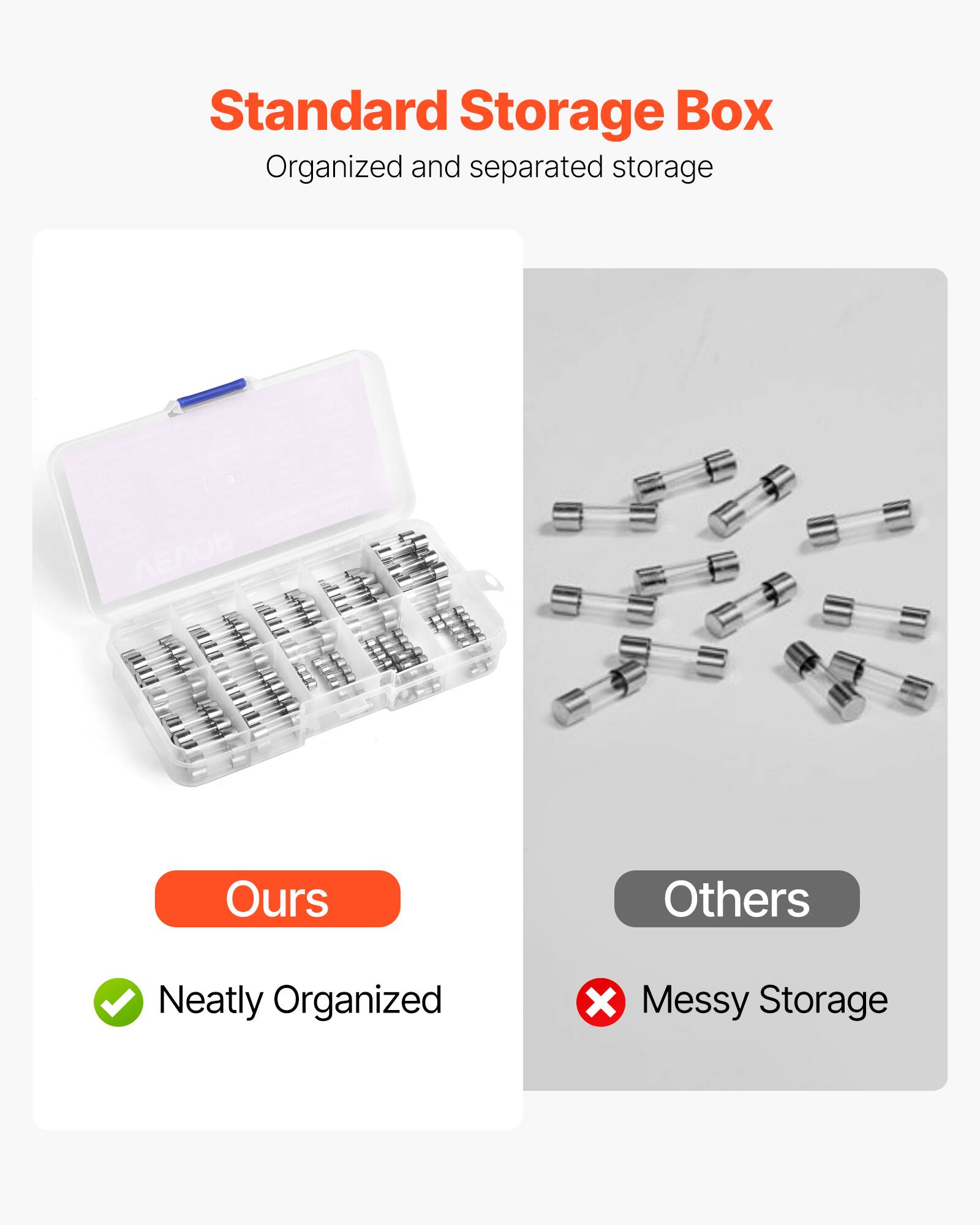 Standard Storage Box  
Organized and separated storage  

Ours  
Neatly Organized  

Others  
Messy Storage