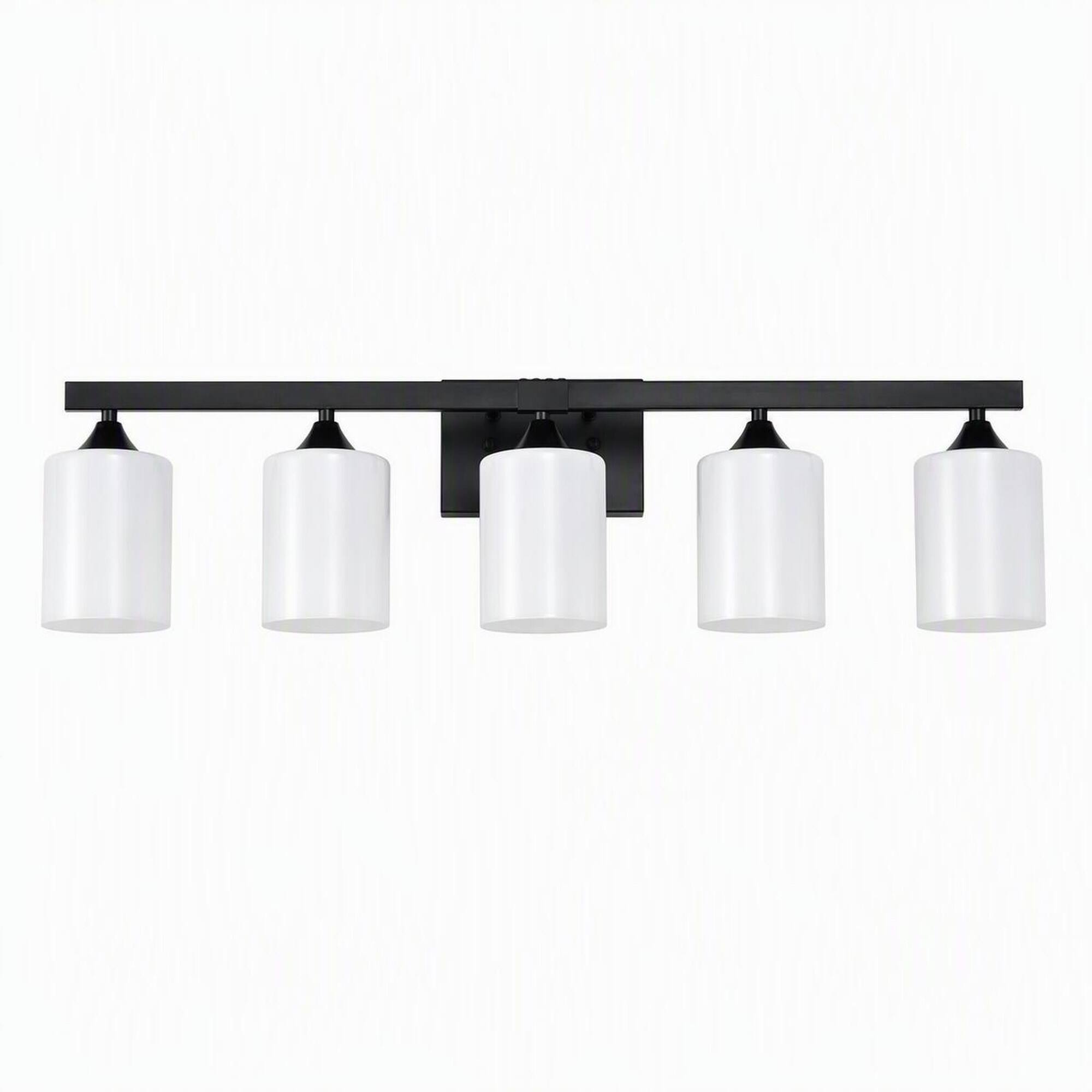 Front. RYHNUYNE - 5-Light Matte Black Bathroom Vanity Light with Frosted Glass Shades, Moisture-Resistant Metal Wall Sconce.