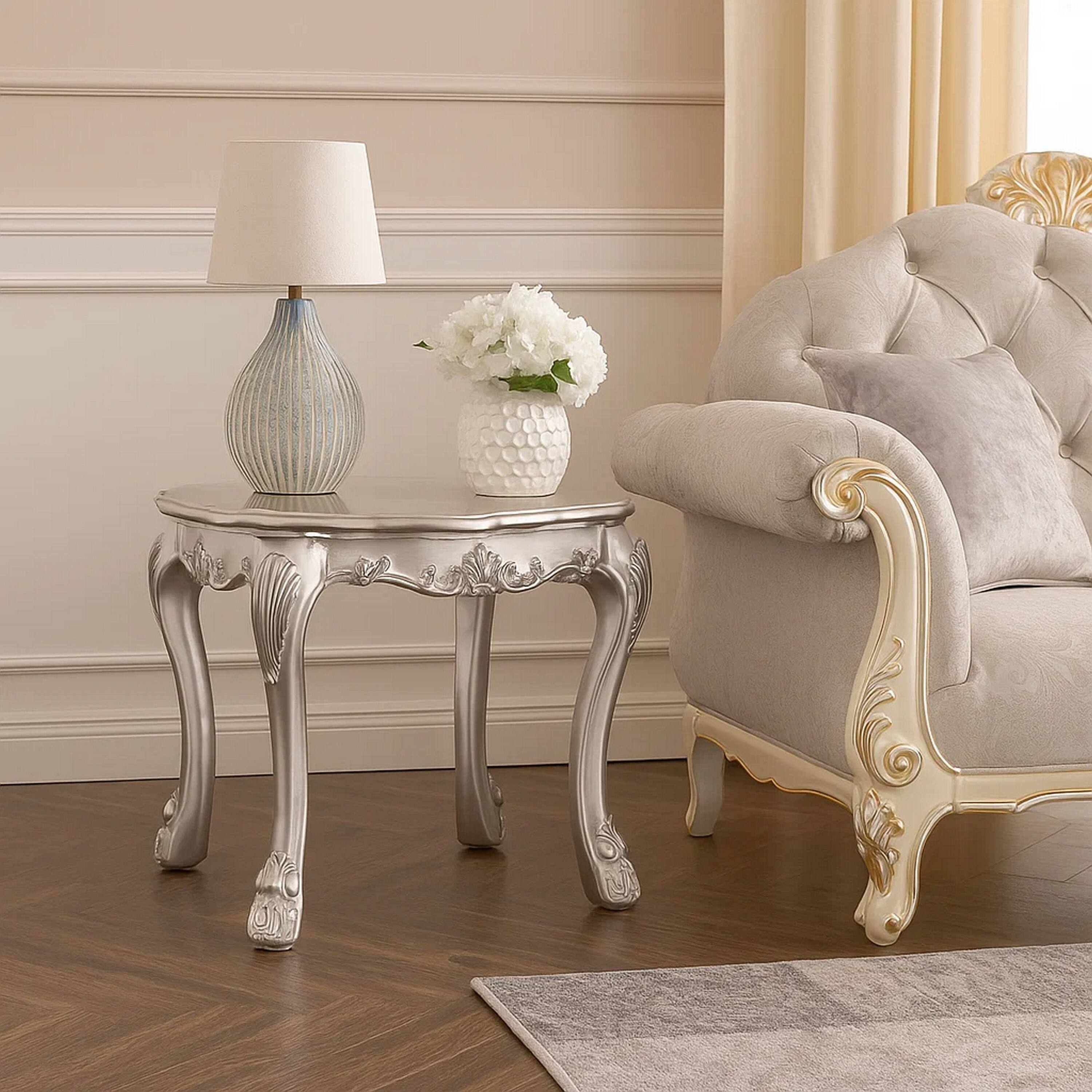 Alt View 6. Manhattan Lane - Ally 28 Inch Side End Table, Aspen Wood, Classic Scrollwork, Polyresin - White, Silver.