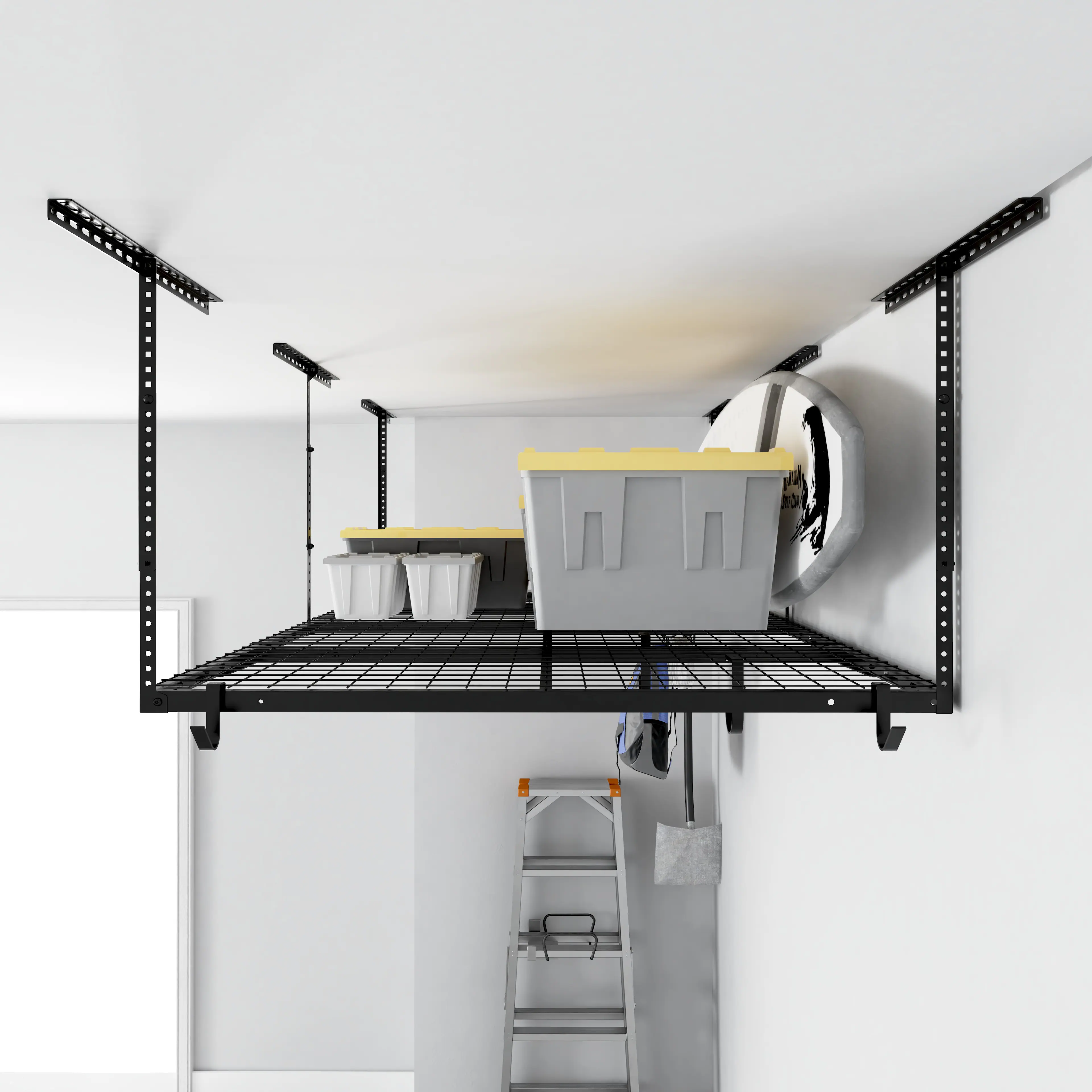Alt View 5. Fleximounts - OHK Series 48 in. W x 96 in. D x 22-40 in. H Black Ceiling Mounted Overhead Garage Storage Rack with Accessory Hooks - Black.