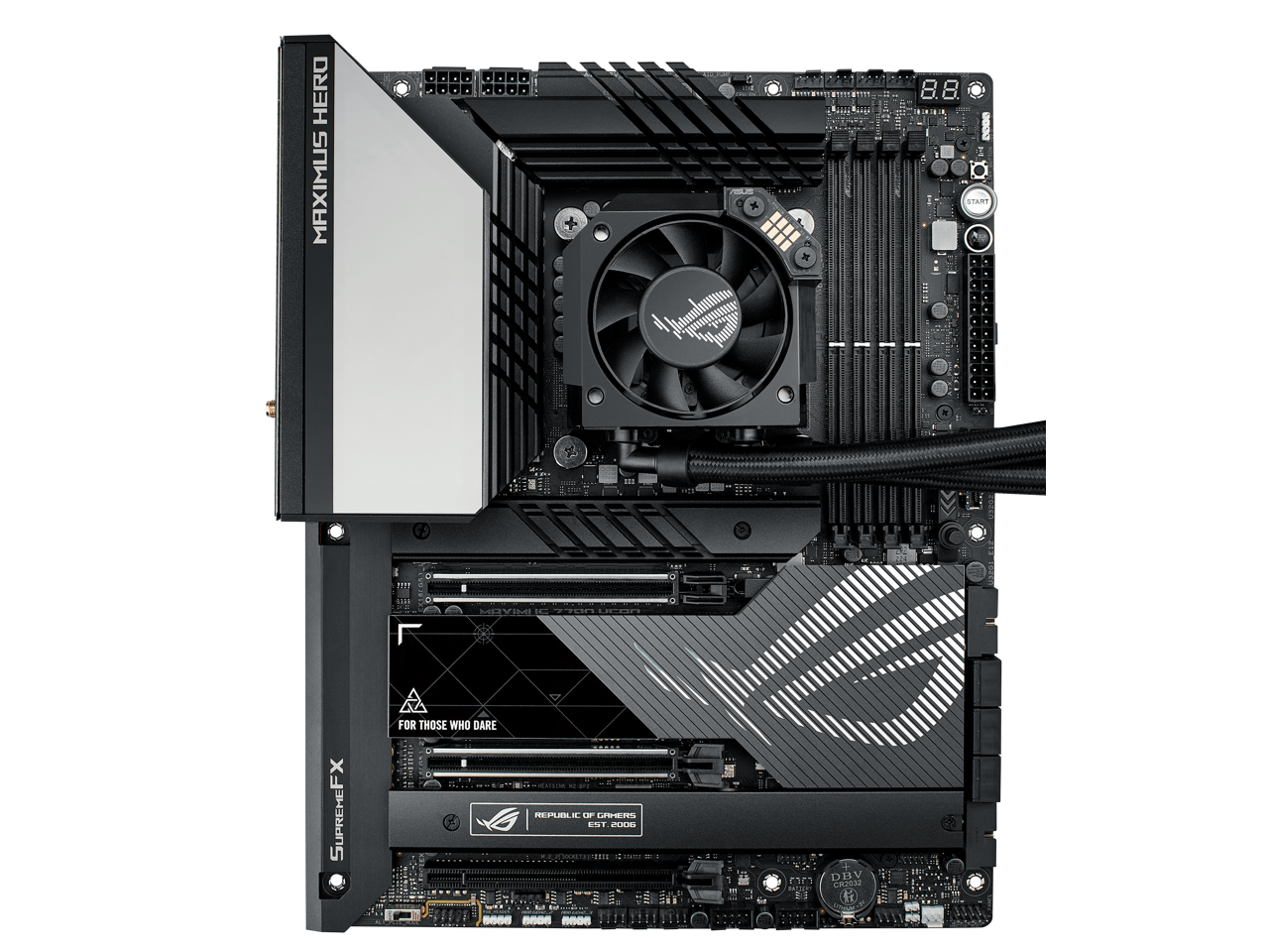 Sure, here is the corrected and grouped text from the image:

---

**Top Section:**

- MAXIMUS HERO
- 0806 M 8.8
- START
- MRYIMUS SUPREMEFX FOR THOSE WHO DARE

**Middle Section:**

- LHNEI ESI n - E C
- M DBV D C82032

**Bottom Section:**

- FOR THOSE WHO DARE
- REPUBLIC OF GAMERS
- EST. 2006
- SUPREMEFX

---