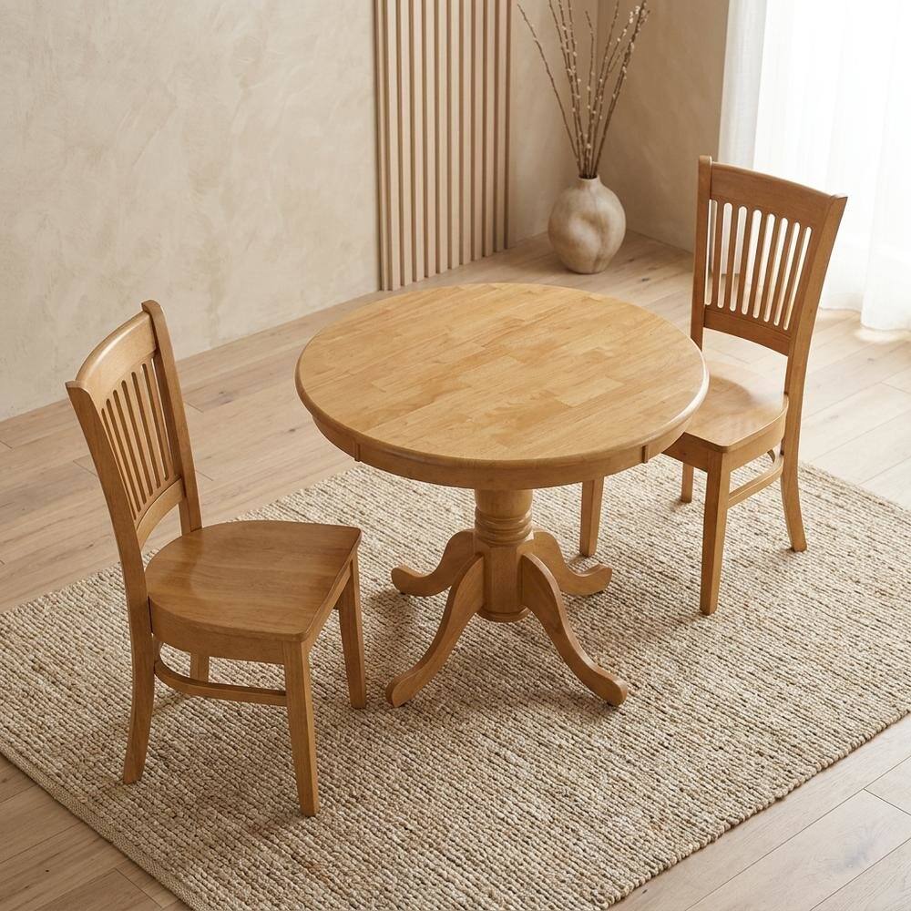 Alt View 3. FurniFact - Solid Wood Round Small Kitchen Table & Chairs 3-Piece Dining Set - Oak.