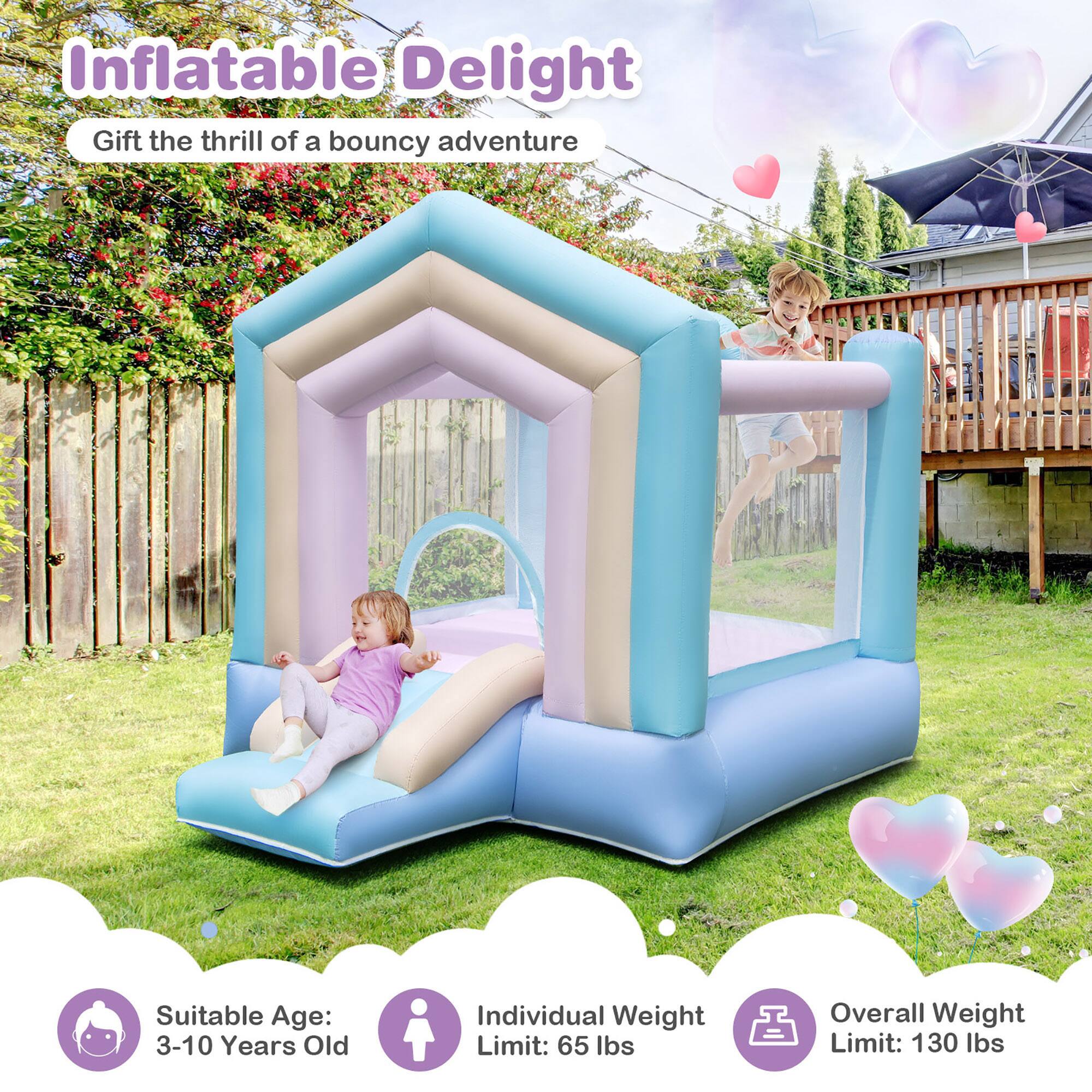 Inflatable Delight  
Gift the thrill of a bouncy adventure  

Suitable Age: 3-10 Years Old  
Individual Weight Limit: 65 lbs  
Overall Weight Limit: 130 lbs