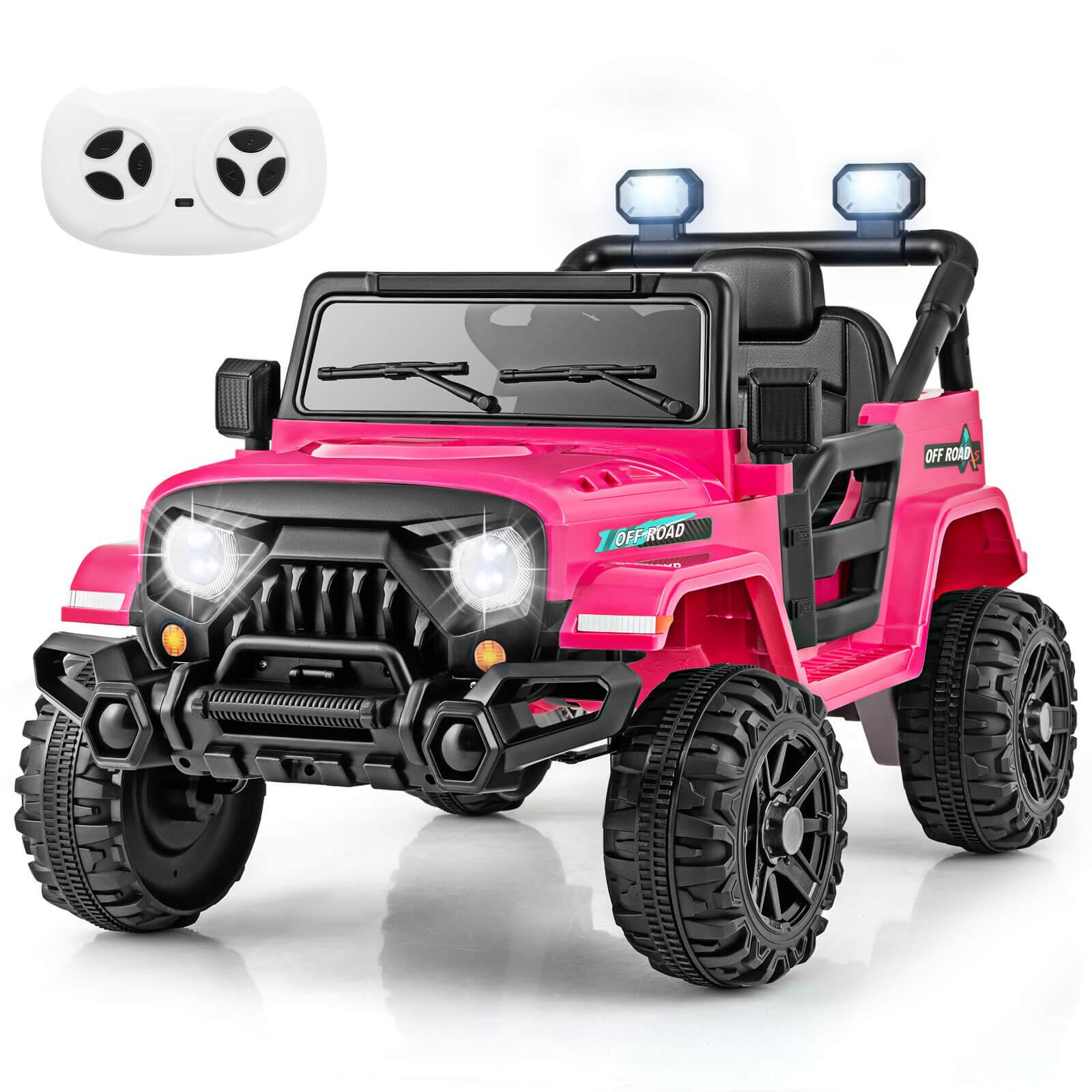 Costway - 12V Kids Ride on Truck Car w/Remote Control, Threaded Wheels 3 Speeds LED Lights - Pink