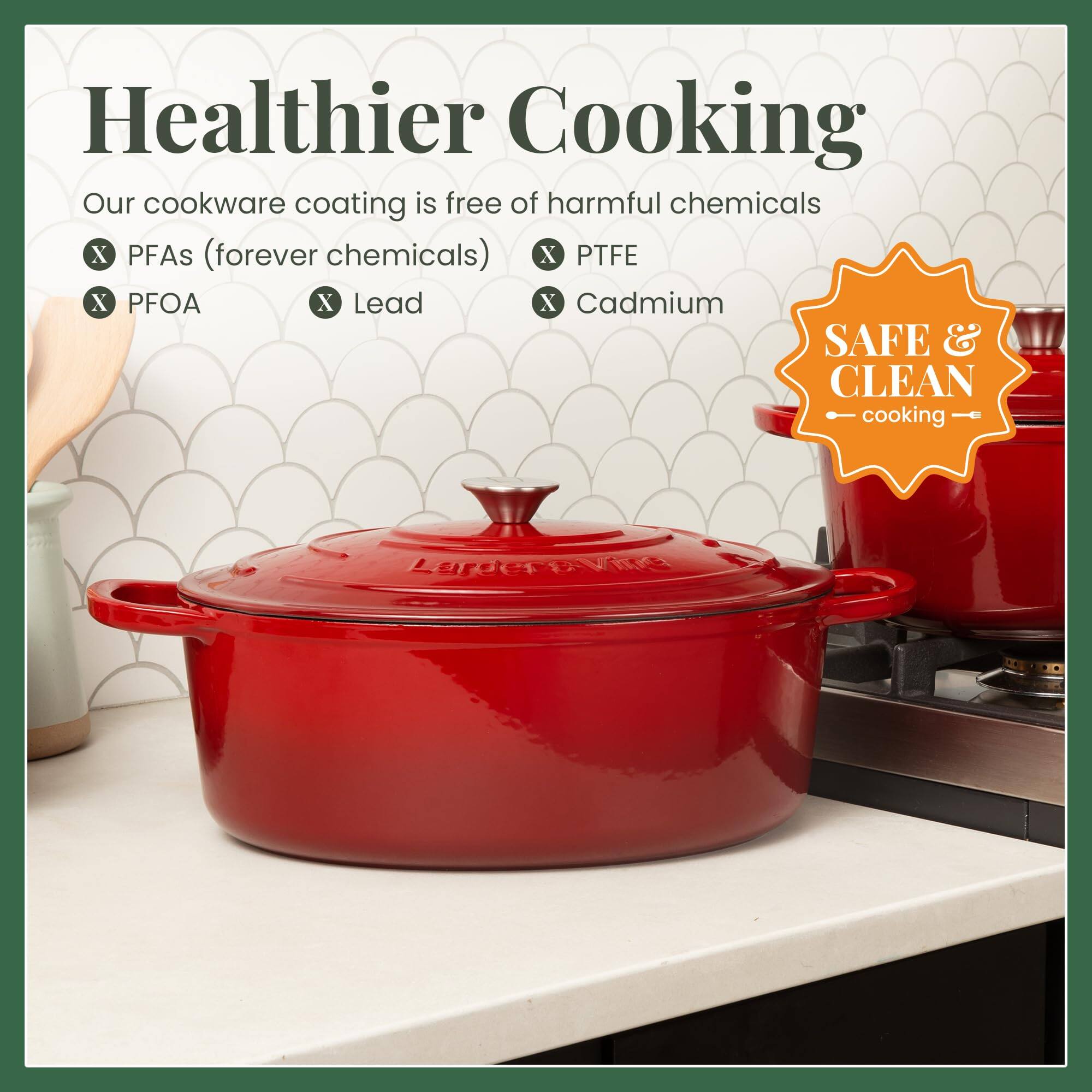 Healthier Cooking

Our cookware coating is free of harmful chemicals:
- PFAs (forever chemicals)
- PTFE
- PFOA
- Lead
- Cadmium

SAFE & CLEAN cooking