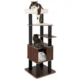 Gymax - 64'' Tall Cat Tree for Indoor Cat Wooden Cat Tower Top Perch w/ Soft Padding Large Fence Style Cat Condo